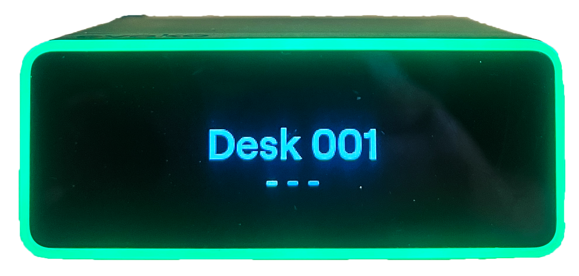 A configured Kleeo display screen showing the assigned Desk 001 location example.